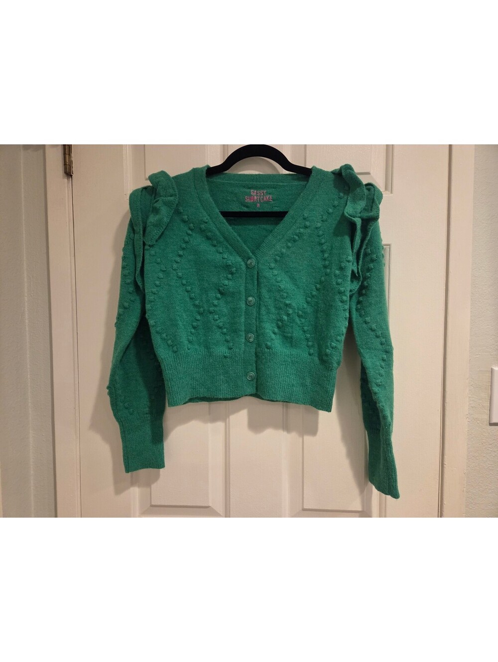 Sassy Shortcake Green Textured Knit Cardigan with Shoulder Ruffles Medium